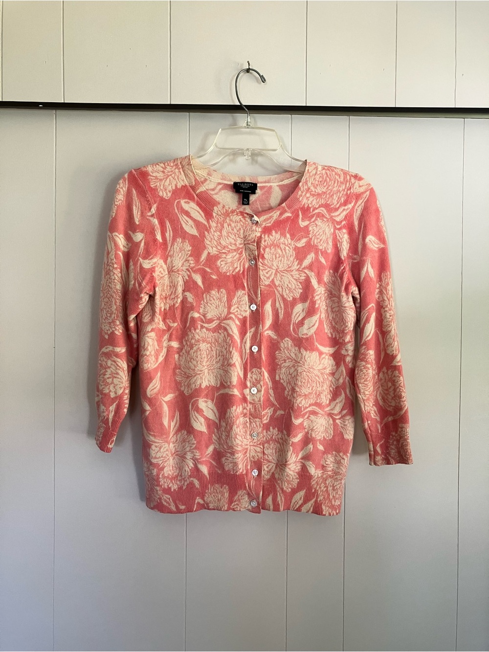 Talbots 100% Cashmere Coral and Cream Floral Button-Front Cardigan Flaw